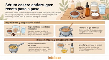 Infografía con receta de sérum antiarrugas. Muestra linaza, clavos de olor, aceite de coco, agua, utensilios de cocina y botellas de vidrio.
