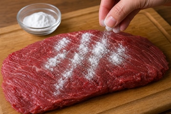 Una mano espolvorea polvo blanco sobre carne cruda de res sobre una tabla de madera, junto a un recipiente pequeño de vidrio.