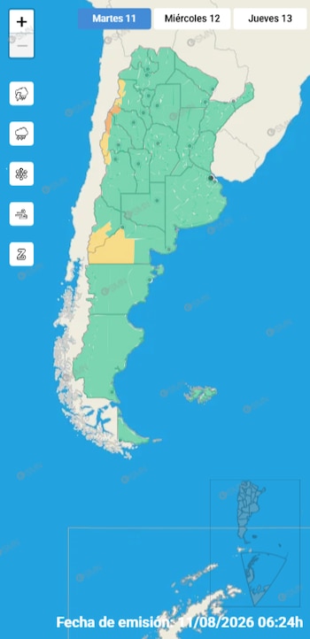 Mapa de Argentina con provincias en verde, amarillo y naranja. Selección de fechas para Martes 11. Icono de viento activo. Fecha de emisión: 11/08/2026