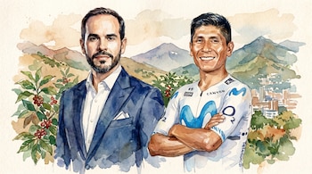 Pintura en acuarela de Abelardo de la Espriella en traje azul y Nairo Quintana en uniforme de ciclismo. Se ven montañas y plantas de café en el fondo.