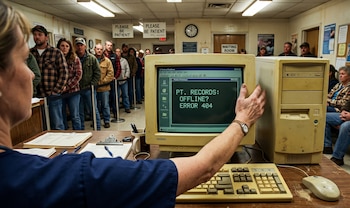Larga fila de pacientes en un hospital rural mientras una trabajadora de la salud intenta operar un antiguo ordenador que muestra un error de registros