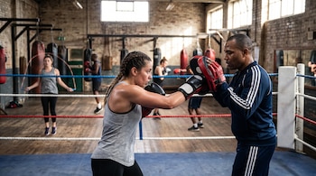 Mujer con guantes de boxeo y trenzas entrena con un hombre que sostiene manoplas rojas en un cuadrilátero de gimnasio, con sacos y personas de fondo.