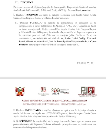 Documento judicial impreso con texto de una resolución, encabezado de decisión y logotipos oficiales del Poder Judicial del Perú