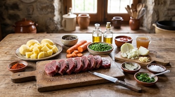 Rodajas de carne con sal y pimienta en una tabla de madera, rodeada de cuencos con papas, zanahorias, arvejas, cebolla, aceite y especias.