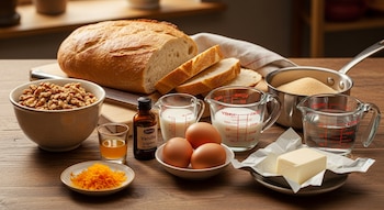Un pan rebanado, nueces, leche, huevos, mantequilla, azúcar, agua, ralladura de naranja, esencia de vainilla y licor de naranja sobre una mesa de madera.