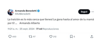 Este fue el mensaje con el que el embajador de Colombia ante la FAO, Armando Benedetti, causó revuelo en redes sociales - crédito @AABenedetti/X