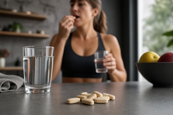 Comprimidos beige en una mesa de cocina junto a un vaso de agua y una mujer al fondo que toma una pastilla.