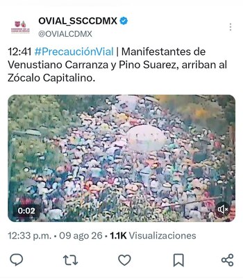 Manifestantes que partieron de Venustiano Carranza y Pino Suarez llegaron al Zócalo Capitalino, según el reporte OVIAL (Captura de pantalla)