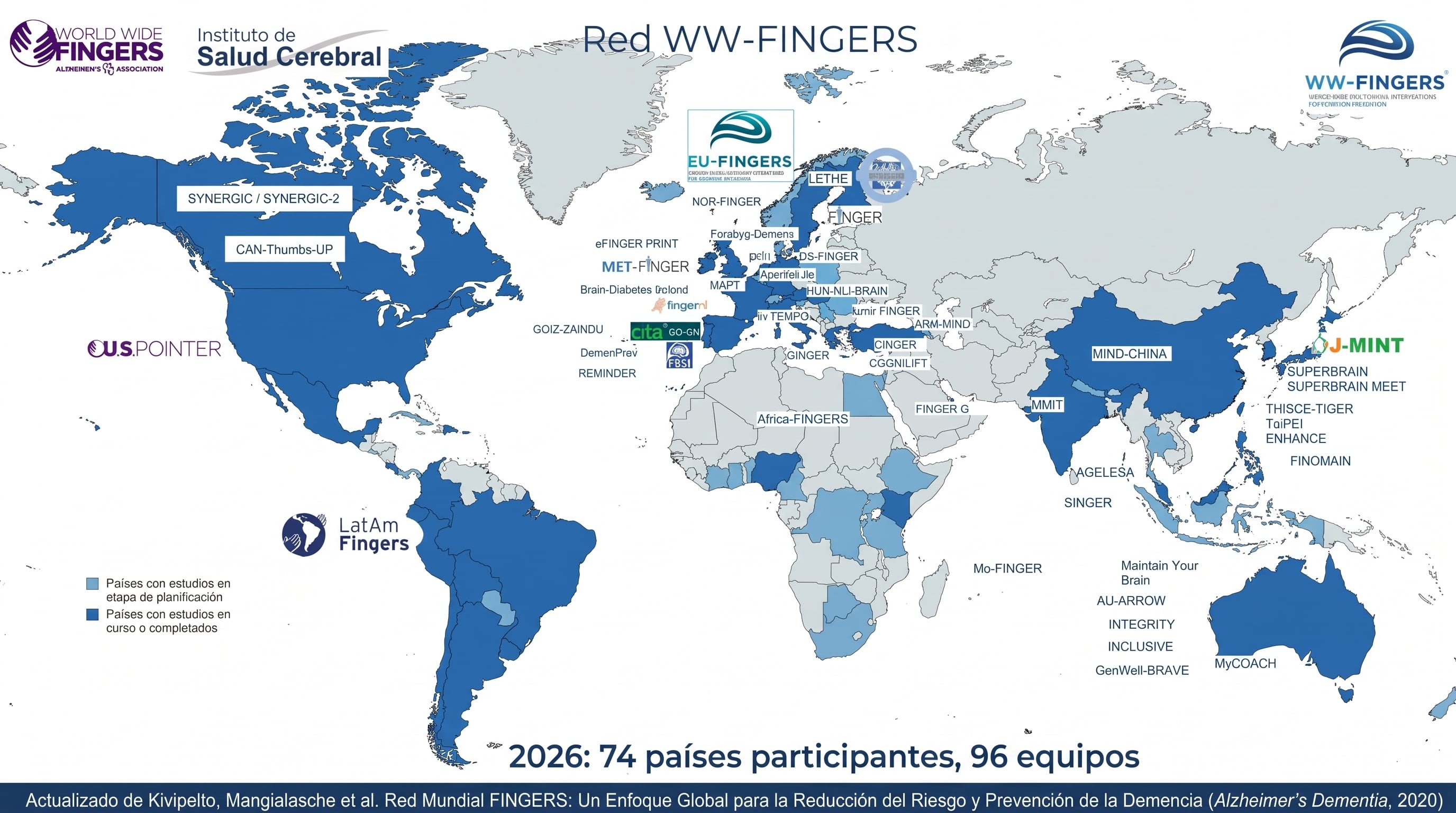 Un mapa de la red WW-FINGERS señala la participación de 74 países en la investigación sobre la demencia, según datos adaptados de la publicación Alzheimer's Dementia. (Imagen Ilustrativa Infobae)