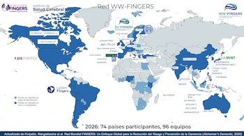 Mapa mundial con países en dos tonos de azul que representan proyectos de investigación, acompañado de logotipos y leyenda explicativa.