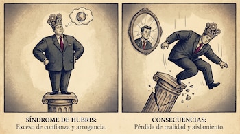 Ilustración vintage en dos paneles. El primero muestra un hombre con corona de engranajes sobre pedestal. El segundo muestra su caída de un pedestal roto y un espejo roto.