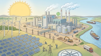 Dibujo de un complejo industrial con depósitos marcados con el símbolo H2, paneles solares, aerogeneradores, camiones y barcos.