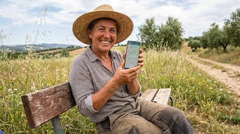 Mujer con sombrero de paja y camisa sentada en un banco de madera en un campo soleado, mostrando un teléfono con WhatsApp. Campo verde de fondo.