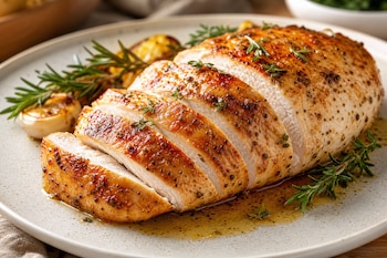 Pechuga de pollo horneada y rebanada, servida en un plato blanco con ramitas de romero, tomillo y aderezo.