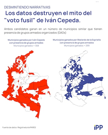 Según el estudio, Iván Cepeda ganó 308 municipios con presencia de GAO y Abelardo de la Espriella 299, una diferencia mínima - crédito @InsPenPro/X