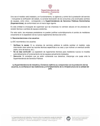 La Superintendencia señaló que los reglamentos técnicos no obligan a instalar dispositivos avanzados ni modifican el esquema de cobro de los servicios públicos domiciliarios, y que su alcance se concentra en requisitos metrológicos - crédito SIC