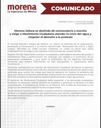 Documento con membrete del partido Morena que presenta el texto de un comunicado de prensa emitido en Guadalajara, Jalisco
