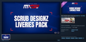 Captura de pantalla de la plataforma Steam con el título Scrub Designz Liveries Pack del juego MXGP 26 e información técnica del producto