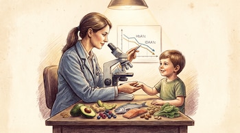Una doctora y un niño ante una mesa con un microscopio, alimentos y un gráfico de pared que muestra los términos HbA1c e IDAA1c.