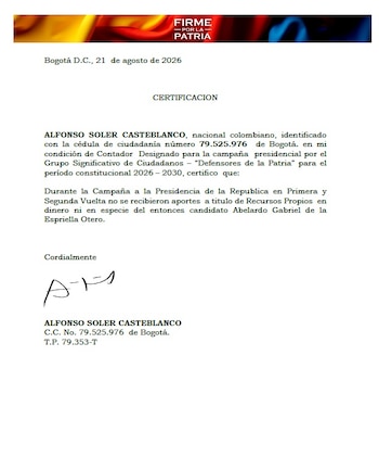 Defensores de la Patria dice que Abelardo de la Espriella no aportó recursos propios a la campaña presidencial - crédito Defensores de la Patria