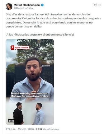 María Fernanda Cabal rechazó públicamente la medida contra Samuel Adrián y sostuvo que las denuncias planteadas en el documental no deberían ser silenciadas mediante una sanción judicial - crédito @MariaFdaCabal/X