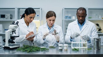 Un hombre y dos mujeres con batas de laboratorio examinan muestras vegetales con lupa, escriben notas, manipulan tubos de ensayo y un microscopio en una mesa de laboratorio.