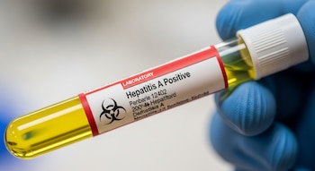 Primer plano de una mano enguantada de azul sosteniendo un tubo de ensayo transparente con líquido amarillo y una etiqueta roja que dice "Hepatitis A Positive".