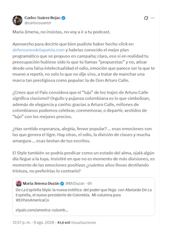 Carlos Suárez respondió a María Jimena Duzán