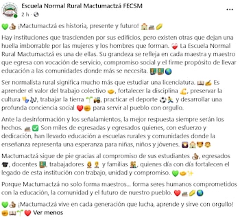 Mensaje publicado en la cuenta de Facebook de la escuela luego de los señalamientos. Crédito: Facebook - Escuela Normal Rural Mactumactzá