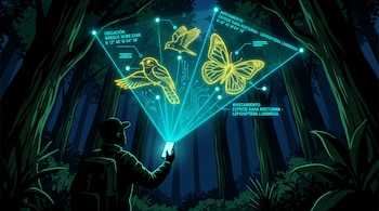 Silueta de una persona en un bosque con un teléfono que emite luz hacia las figuras de dos aves, una mariposa y datos sobreimpresos.