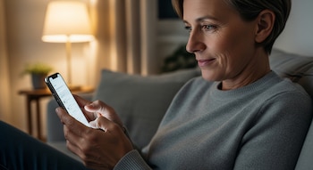 Mujer de 40/50 años sentada en un sofá gris, concentrada en la pantalla iluminada de su teléfono móvil, con una lámpara encendida al fondo.