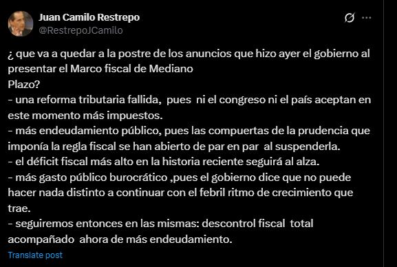 Restrepo señala que la reforma tributaria planeada podría fracasar debido a la negativa del Congreso - crédito @RestrepoJCamilo/X