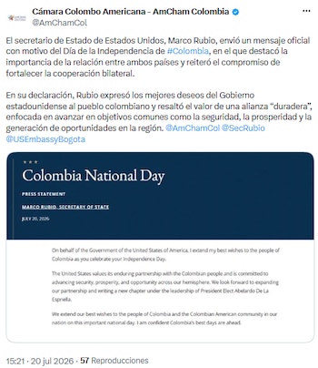 Marco Rubio destacó alianza duradera y cooperación bilateral en mensaje por la independencia de Colombia - crédito @AmChamCol/X