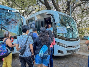 Multitud de personas, incluyendo familias y niños, se agrupan en un sendero al aire libre; detrás se ven varios autobuses blancos y abundante vegetación verde