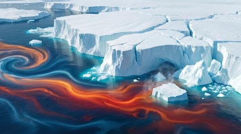 Vista aérea de grandes formaciones de hielo blanco y azulado junto a un océano oscuro con remolinos de agua naranja, roja y azul turquesa.