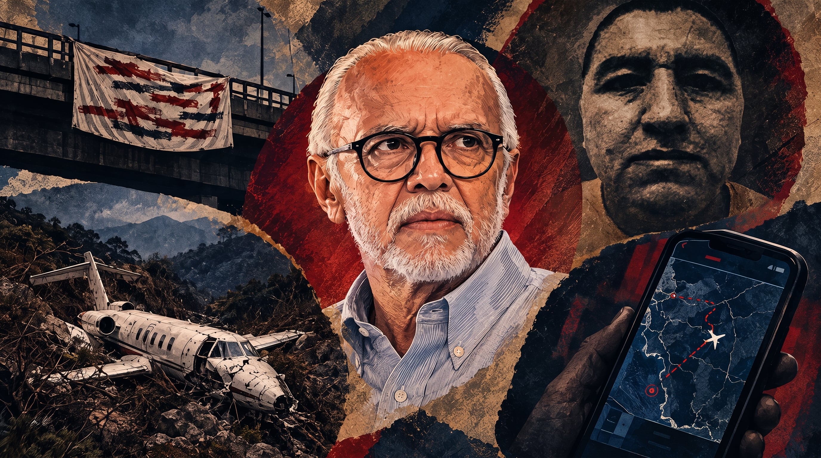 Un collage periodístico reúne los retratos de Miguel Ángel Navarro Quintero y Audías Flores Silva junto a una aeronave accidentada y un rastreo de vuelo. (Imagen Ilustrativa Infobae)