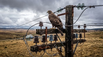 Un águila marrón posada sobre un poste de madera con cables y aisladores cerámicos en un campo seco bajo un cielo nublado.
