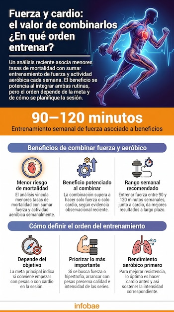 Infografía sobre combinar fuerza y cardio en el ejercicio, mostrando una figura humana con sistema circulatorio, texto, iconos y rangos de tiempo.