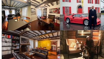 Collage de imágenes de Lewis Hamilton: posando con un Ferrari F40 rojo, y en interiores con temática de carreras y con sus bulldogs