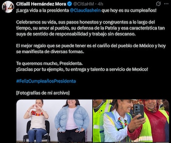 Publicó un mensaje en X para enviar buenos deseos a la mandataria en el día de su aniversario, con la frase “¡Larga vida a la presidenta!”, sin añadir más detalles del festejo