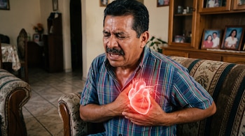 Un hombre con camisa a cuadros se toca el pecho con gesto de dolor junto a la gráfica iluminada de un corazón sobre su tórax.