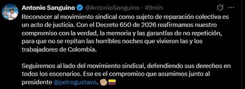 Antonio Sanguino afirmó que el Gobierno ya trabaja con organizaciones sindicales en un plan de acción para aplicar el Decreto 0650 - crédito @AntonioSanguino/X