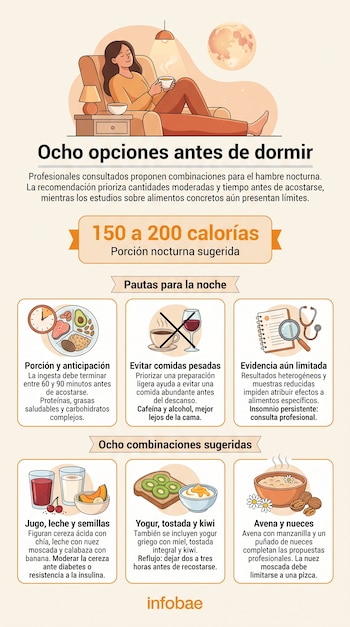 Infografía con una mujer en un sillón, textos sobre alimentación nocturna e ilustraciones de platos, semillas, frutas secas y bebidas.