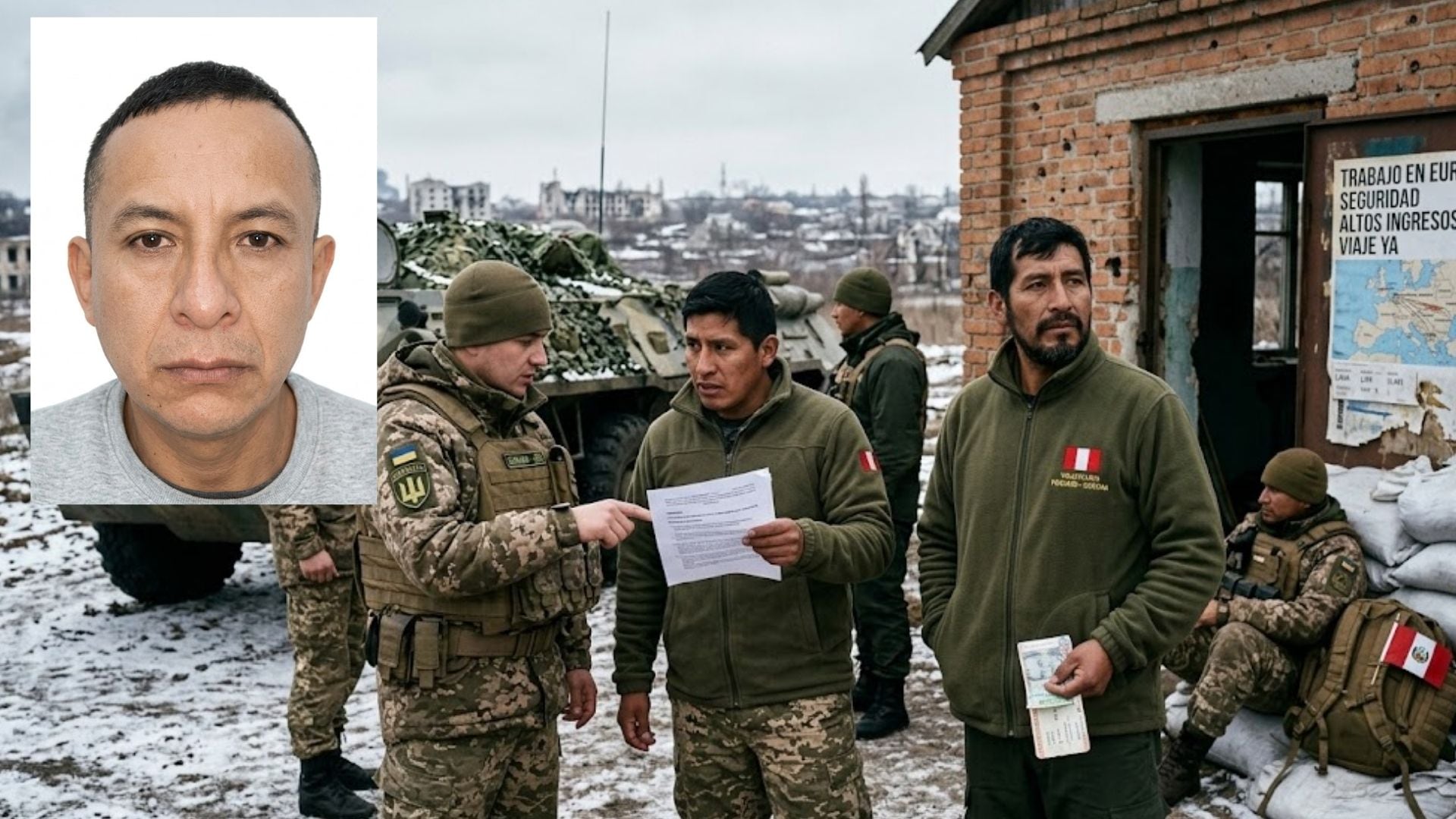 Un militar interroga a ciudadanos peruanos reclutados con engaños de empleo para participar en el conflicto armado entre Rusia y Ucrania. (Imagen Ilustrativa Infobae)
