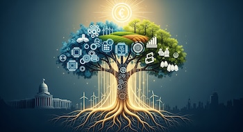 Árbol con raíces luminosas y copa dividida en industria, agricultura y energía; edificio gubernamental, ciudad y turbinas eólicas, un euro brillante en el cielo.