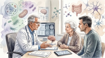 Un médico habla con una mujer mayor y un hombre ante un escritorio con un modelo anatómico de cerebro, pantallas y dibujos de células al fondo.
