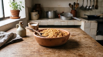 Cazuela de barro con pan molido y cuchara de madera sobre una mesa junto a una jarra pequeña y una ventana.