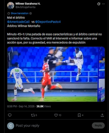 Wilmar Montaño revisó la repetición y cambió su decisión para mostrar la expulsión directa al arquero del América de Cali-crédito @ElVarCentral/X