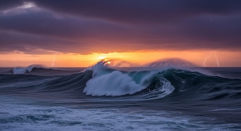 Vista de un océano agitado con olas grandes y crestas blancas bajo un cielo oscuro y naranja al atardecer, con relámpagos visibles en el horizonte.