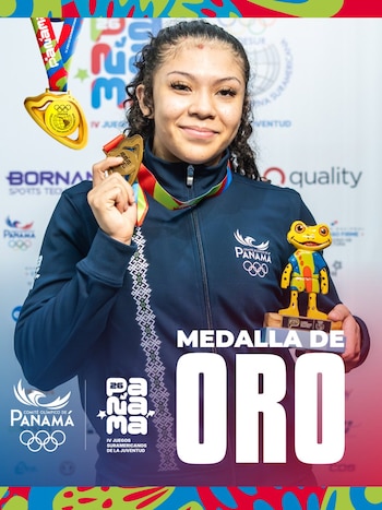 Aisha Williams celebra con júbilo tras confirmarse su victoria; un oro que ratifica el gran nivel de la lucha libre nacional (Foto cortesía @COlimpicoPanama).